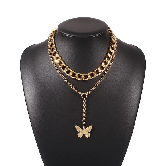 Double Chain Gold Butterfly Necklace Set - Picture 5 of 5